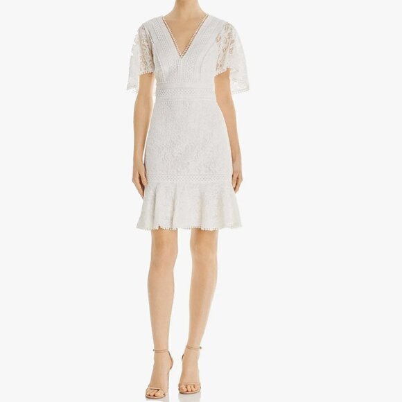 Eliza J Size 14 White Lace Short Dress Fit Flare V-Neck Flutter Sleeve Cocktail - Picture 1 of 16